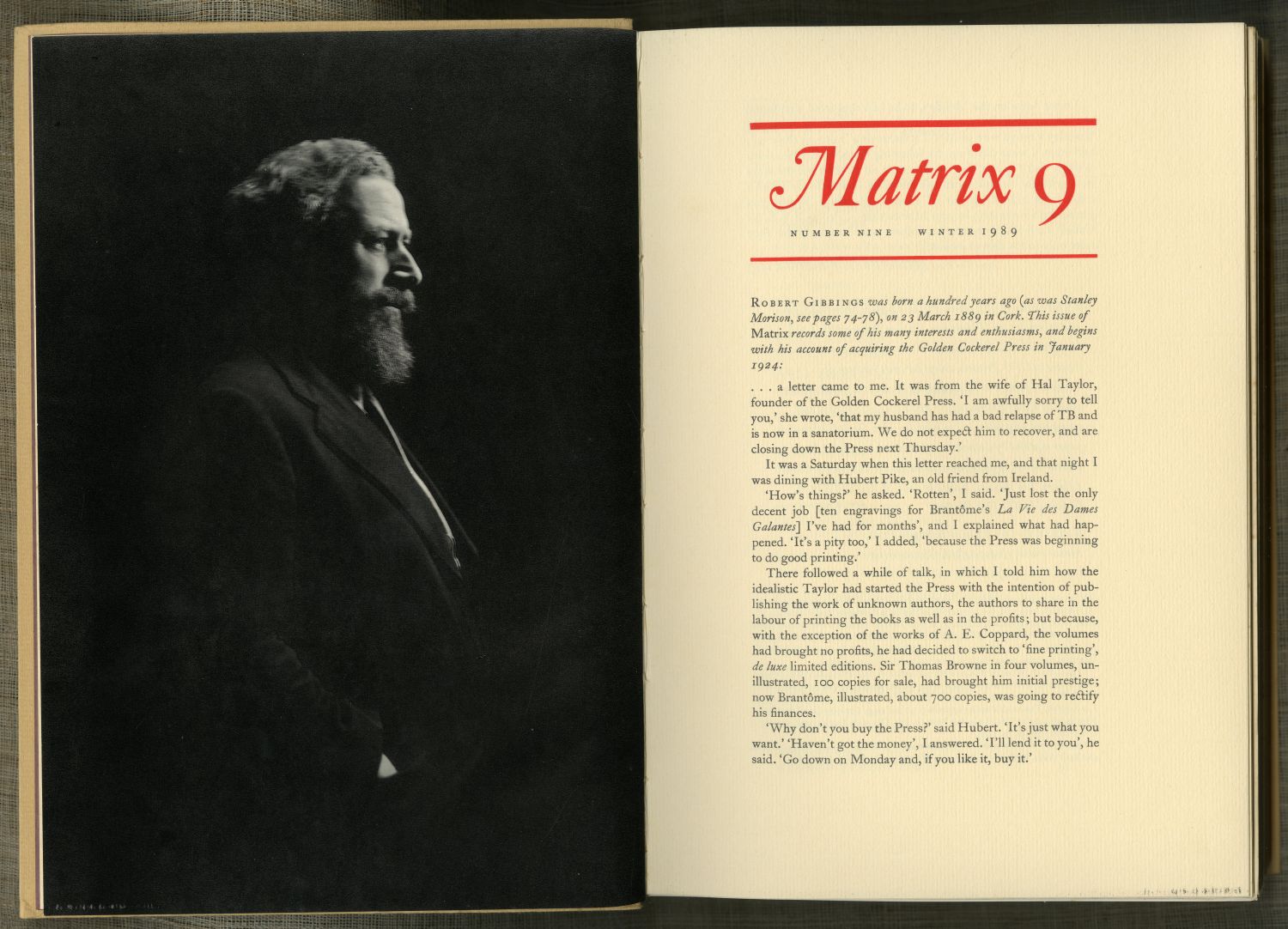 『Matrix 9』（1989年、Whittington Press）口絵と巻頭辞